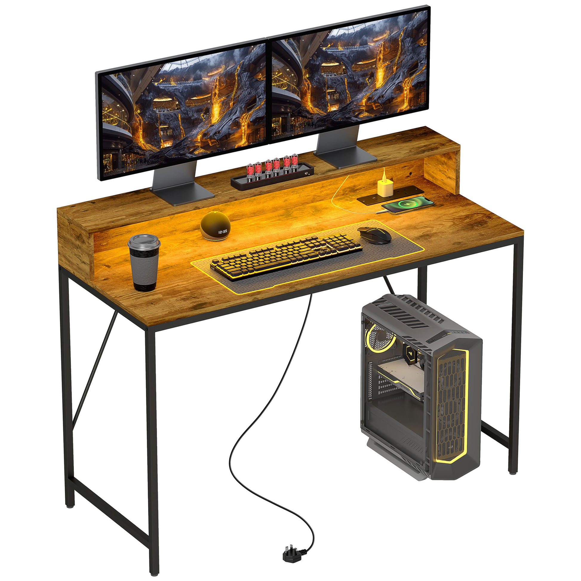 Computer Desk with LED Lights and Shelf, Rustic Brown