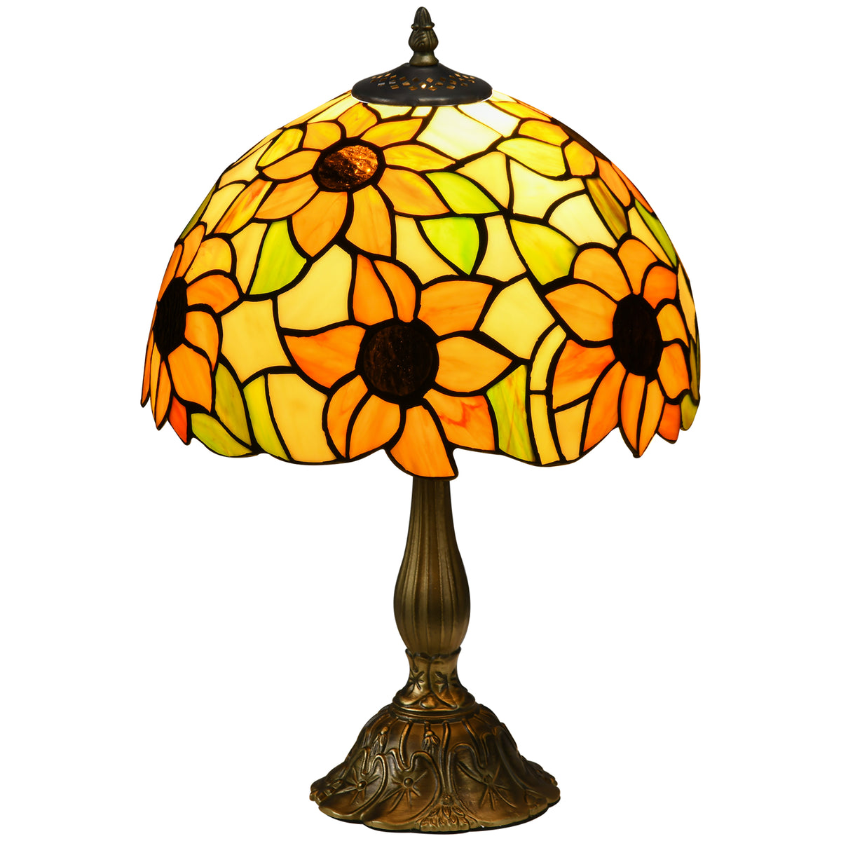 Handcrafted Stained Glass Tiffany Table Lamp – Orange Sunflower, Antique Bedside Light