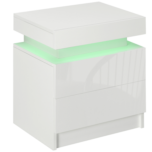 LED Bedside Table with 2 Drawers, High Gloss White