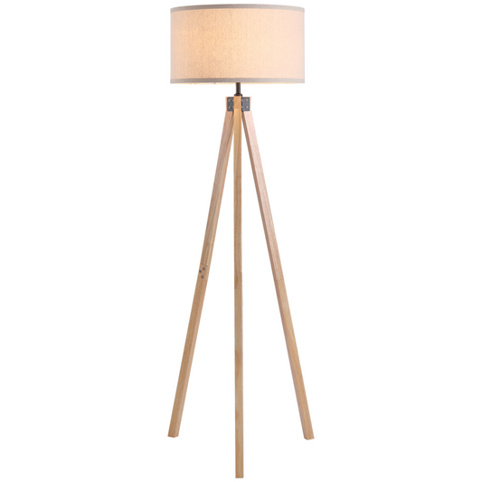 Tripod Floor Lamp with Linen Shade & Storage Shelf | Rubber Wood, Beige, 154cm
