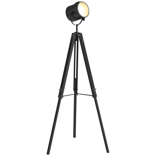 Industrial Tripod Spotlight Floor Lamp | Black, Adjustable Wood Legs