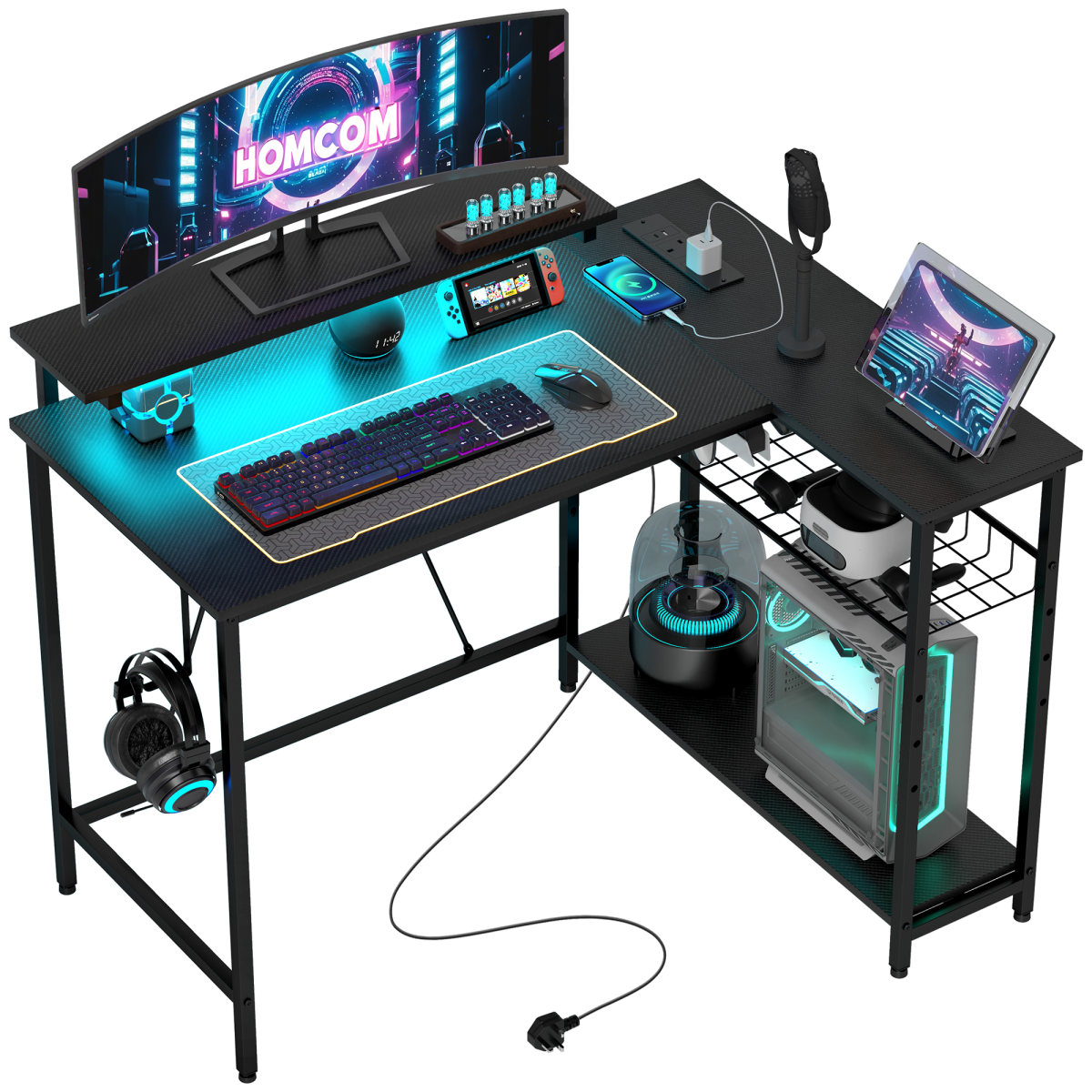 L-Shaped LED Gaming Desk with Storage, Reversible Corner Desk