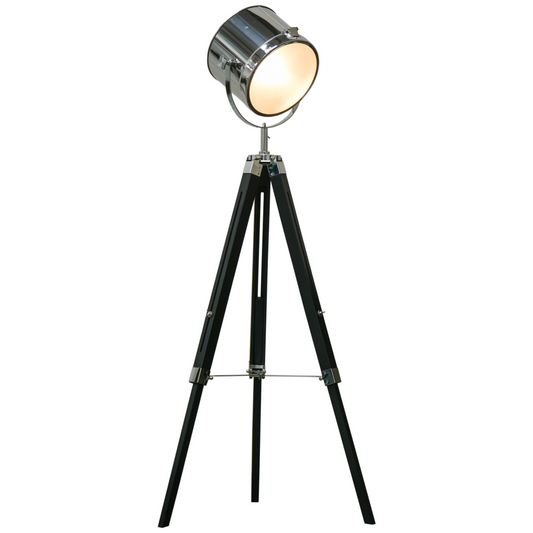 Industrial Tripod Floor Lamp Adjustable Height | Spotlight Head, Pine Wood Legs, 175cm