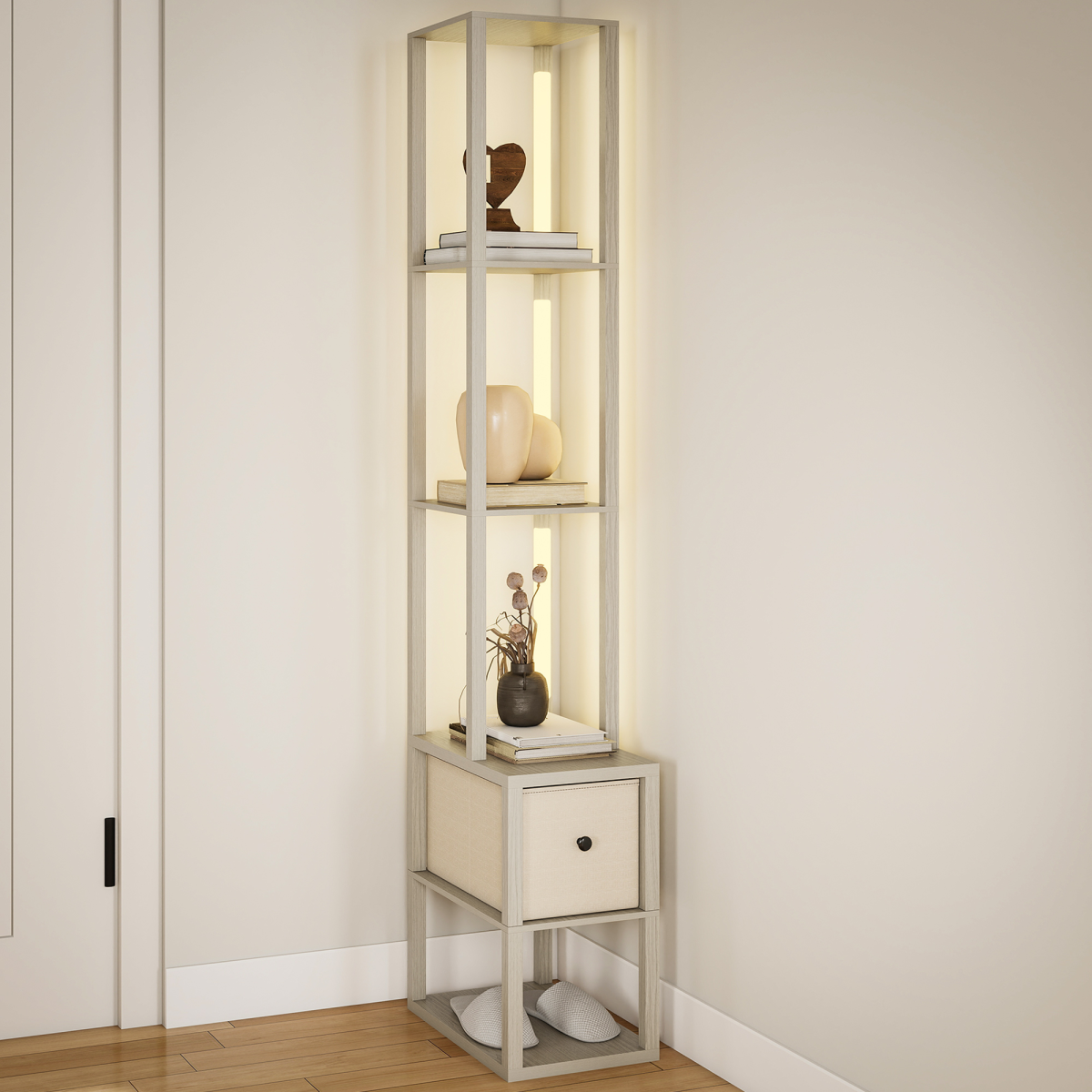 LED Floor Lamp with Shelves & Fabric Storage Drawer | Display Standing Lamp