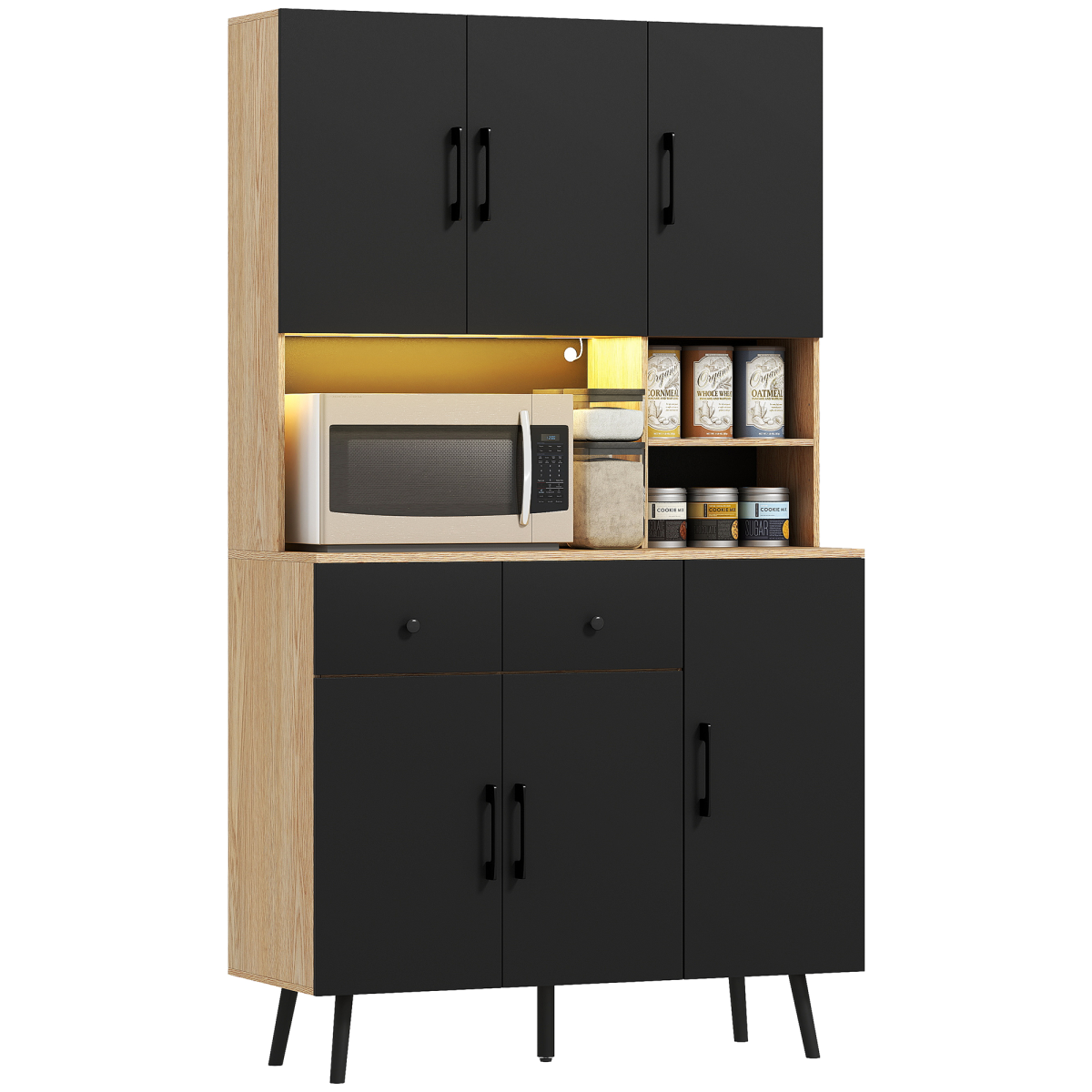 Tall Kitchen Cupboard with LED Interior Lights and Adjustable Shelves, Oak