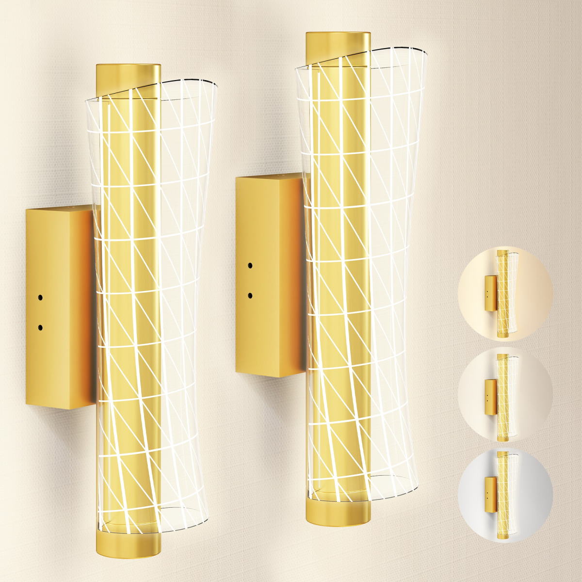 LED Geometric Wall Lights | 2 Pack, Gold Tone Indoor Sconce