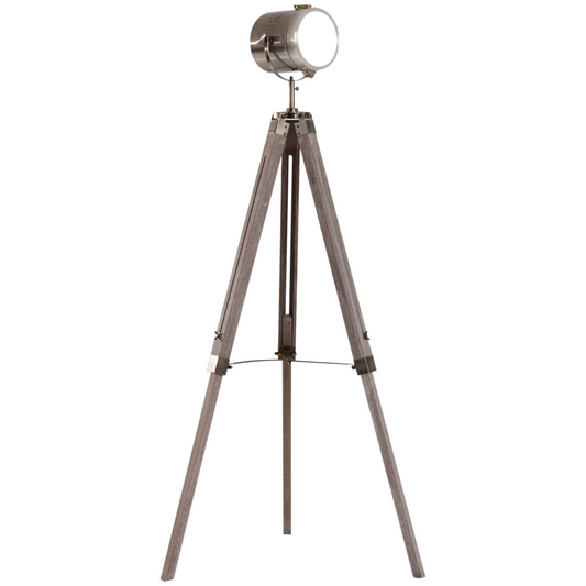 Vintage Tripod Floor Lamp | Pine Wood & Bronze, Adjustable, 140cm