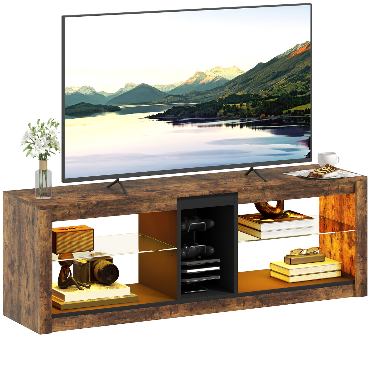 TV Stand and Entertainment Centre with LED Lights, Rustic Brown
